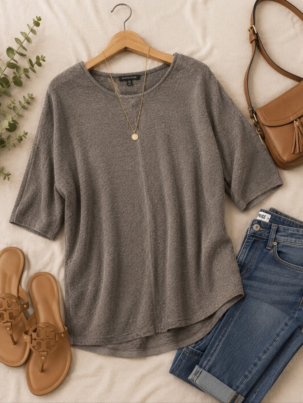 Eileen Fisher Dark Gray Organic Linen Tunic Top L – Minimalist with Side Slits
